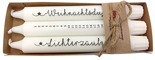 KiLaLa Kerzen mit Spruch für Adventszeit und Weihnachten - Adventskerzen - Weihnachtsduft/Lichterzauber - Zylindrisch - 2, 3 oder 4 Kerzen - Unisex - Weiß