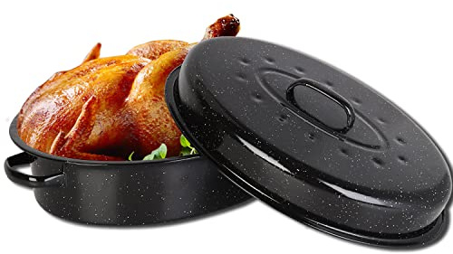 Letschef Roasting Pan 18.3 inch Roaster Pan Set with Lid Enamel Carbon Steel Nonstick Black for Turkey Chicken Cookware