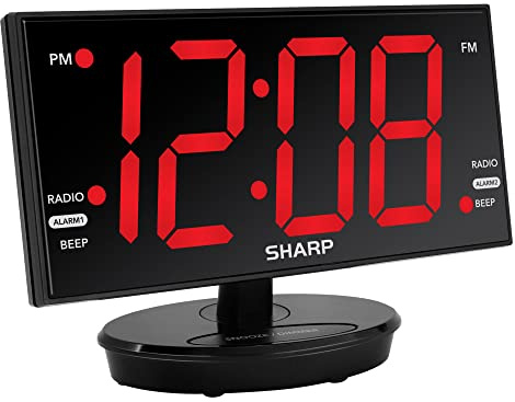 Sharp Digital Alarm Clock, 8.9 Extra Large LED Clock with Tilt and Swivel Display, AccuSet Automatically Sets the Time, Dual USB Charger Ports, FM Radio, 3 Level Adjustable Dimmer Brightness