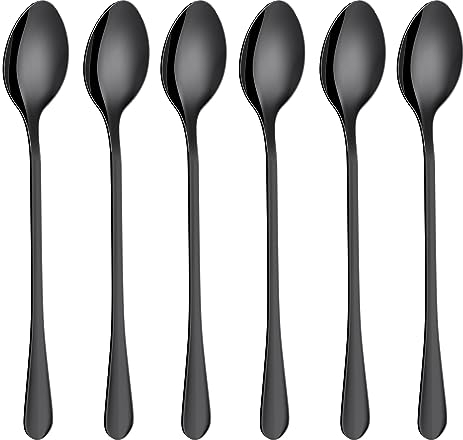 SUSNUAN 6PCS Black Stainless Steel Long Handle 19.5cm Teaspoons for Iced Coffee/Tea, Dessert & Ice Cream Spoons