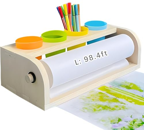 WAYUTO Dispensador de rollos de papel de mesa de madera con soporte para rollos de papel y lápices, tazas, dispensador de rollos de papel para manualidades, soporte de rollo de papel de escritorio