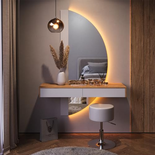 Vicco tavolo da toeletta Melisa, Rovere/Bianco, 120 cm con illuminazione LED e sgabello