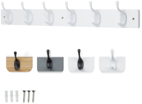 keypak 6 White Gloss Coat Hooks on White Wooden 68cm Board. 3.4kg Per Hook