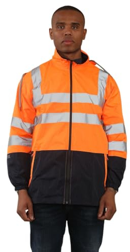 Generation-Plus+® Mens High Visibility Reflective Safety Rain Jacket, Adults Hi-Viz Stripes Lightweight Waterproof Workwear Outdoor Construction, Zip-Up Coat (Orange, L)