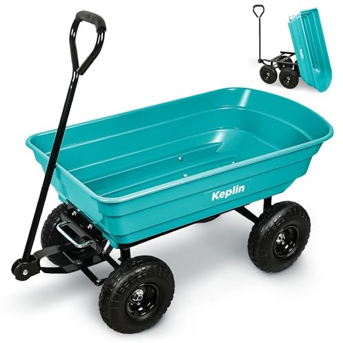 Keplin Plastic Wheelbarrow Cart(75L - 250kg Load), Heavy Duty Wheel Barrow with Tipping Mechanism, Tow Hitch & Pull Handle, Durable Steel Frame, 10” Pneumatic Wheels for Easy Transport on All Terrain