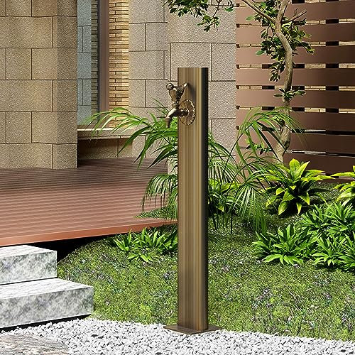 Freestanding Garden Water Column with Faucet and Irrigation Fountain Post Winter Anti Freeze Spray Gun Hose Holder with Birds Taps Stainless Steel Pillar Outdoor Courtyard Decor (Brown)