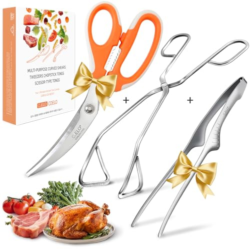 COELO Korean BBQ Kitchen Shears and Tongs Set | Multi-Purpose Kitchen Scissors, Tweezers, Scissor-Tongs for Cooking Chicken Meat Salad Barbecue Herb | Stainless Steel Comfort Handle Dishwasher Safe