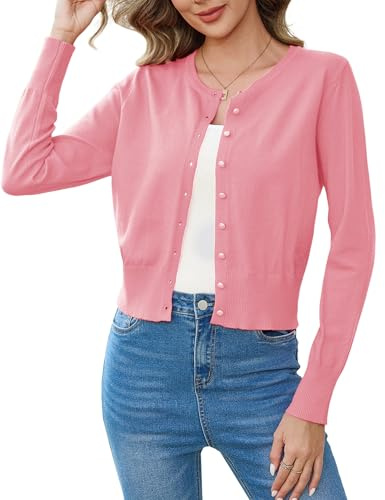 Aottori Bolero Rosa Mujer Fiesta Cardigan Corta Chaqueta Elegante Manga Larga Cuello Redondo Sólido Abrigo de Punto con Botones para Primavera Verano Rosa XL