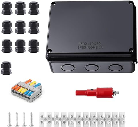 TIANLIN Caja Estanca Exterior Electrica, Negro Ip65 Cajas Estancas Electricidad, 150 X 110 X 70 mm Caja Electrica Exterior, Ø 6-12 mm, con Terminales y Accesorios de Montaje, para Sótanos y Garajes