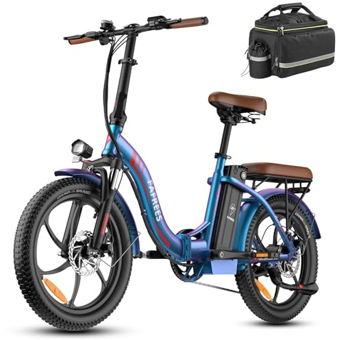 Fafrees Bici Elettrica Pieghevole 36V/20Ah Batteria Rimovibile Bicicletta Elettrica, 20×3.0 Fat Tire, 7 Velocità, Autonomia di 70-150km Fat Bike Ebike per Adulti, con Schermo LCD, Borsetta, Blu-Viola