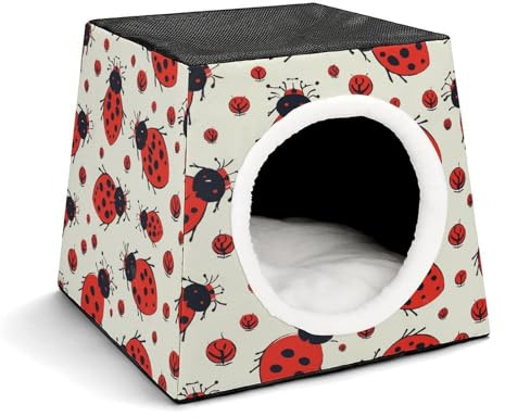 Cat Cave Cat Beds for Indoor Cats Red Ladybug Foldable Cat Hideaway with Washable Cushion and Non-Slip Base
