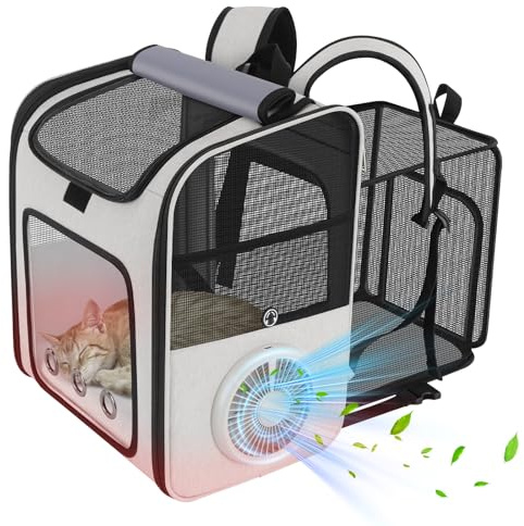 TTPet Cat Backpack Carrier with Cooling Fan & Heating Pad, Expandable & Breathable Pet Backpack for Cats & Small Dogs, Travel Carrier for Hiking, Vet Visits, Grey