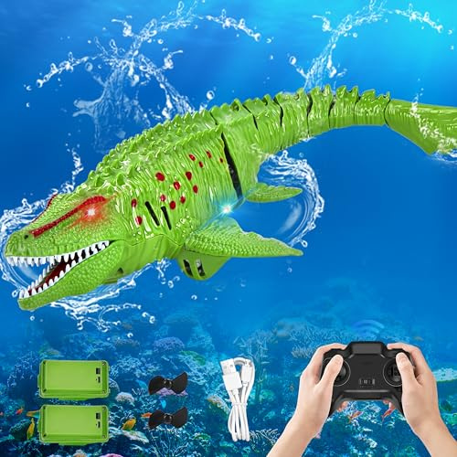 IEEILULU Bateaux Telecommander, Jouet Mosasaure Télécommandé 2.4G, Bateau de Dinosaure Electrique Mosasaure avec Lumière et USB, Jouets Aquatiques Cadeau pour Garçons et Filles de 8+ Ans (Vert)