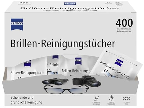 ZEISS Brillen-Reinigungstücher mit Alkohol 400 Stück zur schonenden & gründlichen Reinigung Ihrer Brillengläser - jedes Tuch einzeln verpackt - ideal für unterwegs oder auf Reisen