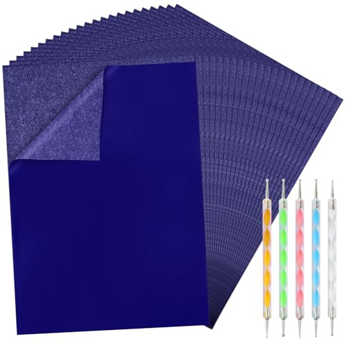 CHRORINE Lot de 200 feuilles de papier calque carbone avec 5 outils de gaufrage pour transfert et copie, pour le traçage sur bois, toile, tissu et autres surfaces, format A4, 21 x 29 cm, bleu marine