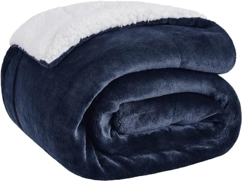 Sängsäck Vändbar flanell/Sherpa filt 150x200cm - Extra mjuk 100% mikrofiber 90 säng filt - Marinblå plysch filt