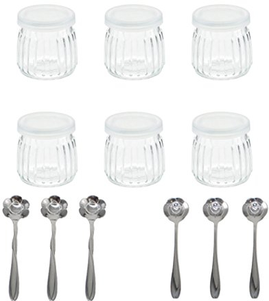 Tikwisdom Lot de 6 pots de yaourt en verre avec 6 couvercles et 6 cuillères à dessert en forme de fleur 100ml