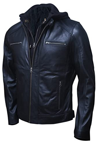 Artistry Mens Genuine Lambskin Leather Motorcycle Jacket with Removable Hood in Black Brown (X-Large, Black)