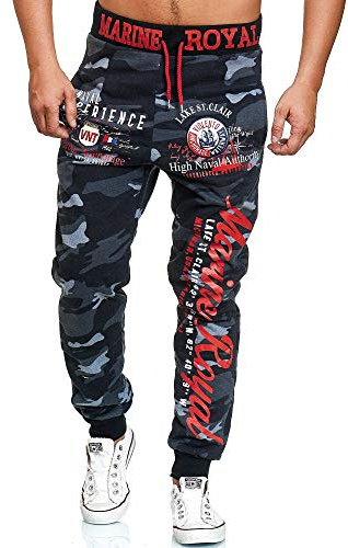 L.gonline Jogginghose Herren lang | Trainingshose Baumwolle | Sporthose mit Bündchen | Enger Beinabschluss | Marine 5258 (M, Antra/Rot Camo)