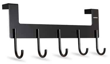 UDENIS Över dörrhängare kraftig krok, hängande kläder, rock, väska, handduk, badrum, garderob, baksida av dörrhängare, robust anti-rost lätt 5-krokar aluminium svart