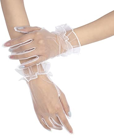 QRBTSCL Dam volang tyll mesh handskar bröllopsfest handskar kort bal aftonhandskar, Vitt, One Size