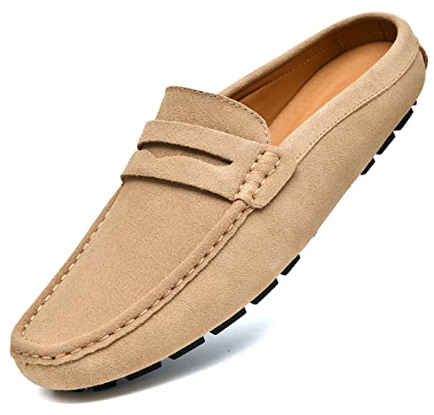Go Tour Mens Handmade Suede Leather Mules Clog Slippers Breathable Leather Slip on Shoes Casual Loafers Beige 11/46