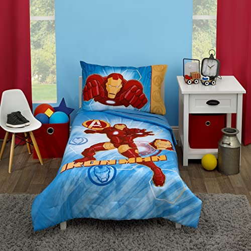 Marvel Avengers - Iron Man Blue, Red, and Gold 4 Piece Toddler Bedding Set - Comforter, Fitted Bottom Sheet, Flat Top Sheet and Reversible Pillowcase