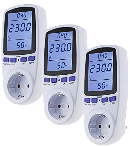 ChiliTec Energiekosten-Messgerät Strom-Messgerät Steckdose 230V Stromzähler Energiemesser Stromkostenmessgerät Grosses Display bis 3680 Watt mit Überlastschutz - 3 Stück