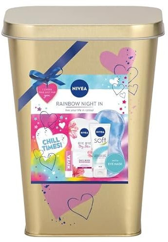 NIVEA RAINBOW NIGHT IN (2 X FACE MASK, 75ML M/CRM, ROSE L/BALM, EYE MASK & TIN) 02/25