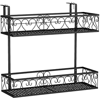 Supporto per Fiori in Metallo alla Ringhiera, Portavasi a 2 Livelli in Ferro da Appendere, con 2 Ganci Regolabili, Cesto Rettagolare, Porta Fioriere Elegante, Balconiera, 60 x 33 x 59 cm, Nero