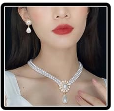 Dishowme Conjunto de Joyería de Collar y Pendientes de Perlas Falsas con Colgante de Flor de Camelia de Cristal Joyería Vintage en Perlas Falsas para Mujeres y Niñas, Perla sintética Diamante de