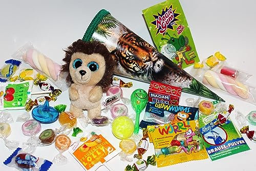 101679 gefüllte Mini Schultüte Tiger 22cm mit Löwe Geschwistertüte Schule zum Schulanfang Geschenk Ausbildung Studium