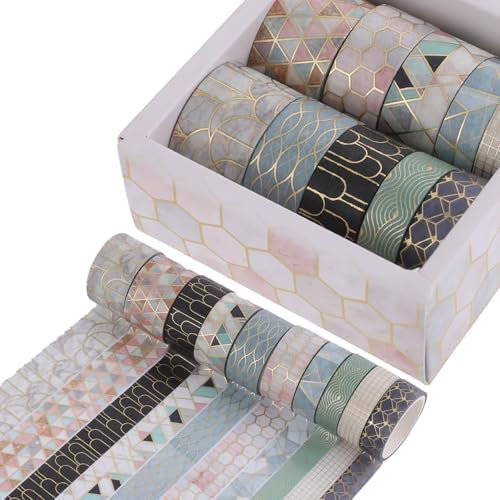 10 Rollen Washi Tape Set, Klebeband Bunt Geometrische Dekoration Washitape Masking Tape Goldene Foliendruck Paper Tape für Verschönert Journals Karten Scrapbooking DIY-Kunsthandwerk (20mm, 15mm, 10mm)