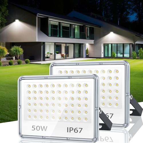 TASINUO LED Strahler Außen 50W 2 Stück, IP67 Wasserfest LED Fluter Flutlicht, 5000LM 6500K Kaltweiß Superhell Scheiwerfer Aussenstrahler für Lager, Garten, Garage, Hof, Terrasse