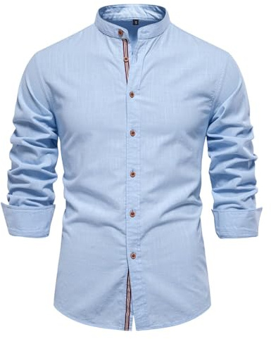 Dasongff Blusas de lino de manga larga para hombre camisa casual ajustada de negocios blusa clásica Henley camisa cuello Mao casual de corte regular camisas verano botones playa tradicional, B azul