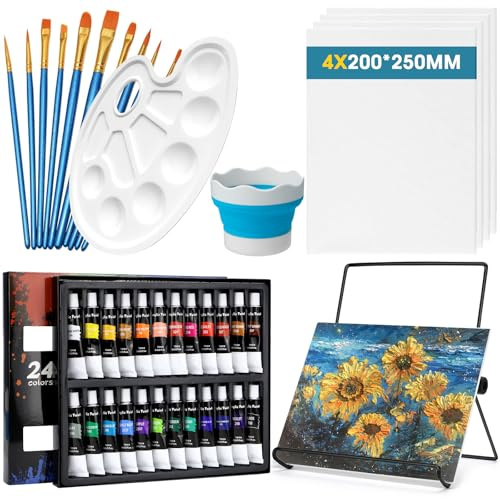 Set di colori acrilici, set da pittura, colori acrilici con 18 colori, 4 tele, cavalletto pieghevole, 8 pennelli e tavolozza di colori per legno, carta, ceramica