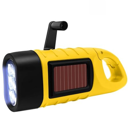 ONGNIUU Linterna Recargable Manivela y Solar, LED Super Brillante para Camping Emergencias, Linterna de Emergencia con Manivela, para Apagones, Camping con Mosquetón al Agua, Amarillo(1 Unidad)