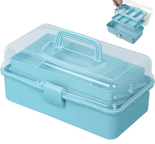 Kongming 32 cm pysselväska för barn, 3 hyllor mångsidig förvaringslåda med lock, pyssellåda i plast för små delar, organiseringslåda, sylåda, medicinfodral, verktygslåda, fiskeväska (blå)