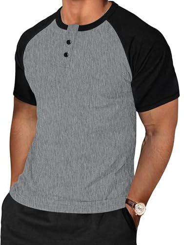 TARAINYA Henley - Maglietta da uomo a maniche lunghe, in cotone, con bottoni, patchwork, C Grigio Scuro Nero, L