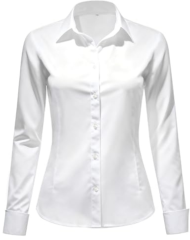 Okdance Womens Long Sleeve Blouse Stretch Fitted Formal Button Down Shirt Wrinkle Business Casual Work Office Ladies Blouses (UK, Alpha, XL, Regular, Regular, White)