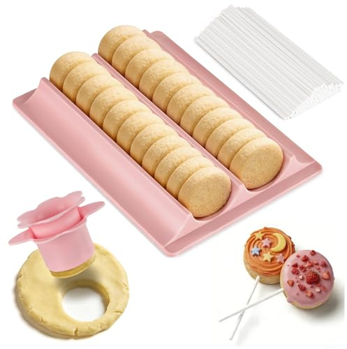 Cake Pop Round Flat Shape Cutter Mold and Pusher Kit with 100 Sticks, Disc Circle Mold Non-3D Printed, ABS Plastic Baking Maker Set with High-Capacity Tray- for Party Homemade Desserts, Pink