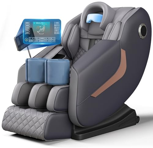 Fauteuil de Massage Complet avec Rail SL Long, Zéro Gravité et Massage des Yeux, Scan Corporel AI, Shiatsu Chauffant, Haut-parleur Bluetooth, Écran Tactile LCD, Livré Assemblé(Gray)