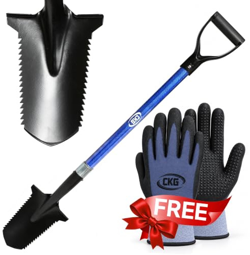 CKG Carbon Metal Detecting Shovel Digging Tool with Double Serrated Blade – Lightweight Digger Garden Root Cutter, Spade Professional Metal Detector Accessories, Gold Digger Shovel - Carbon Blue
