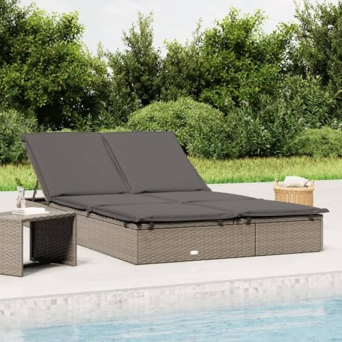 HFMDRMU Lettino da sole con cuscino, grigio, doppio lettino da sole con cuscino, regolabile, in rattan sintetico e telaio in acciaio, per piscina, balcone, campeggio, fino a 110 kg per seduta