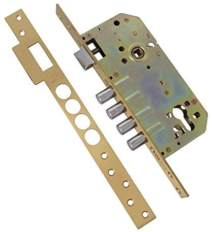 Amig - Cerradura de Embutir Con Bulones para Puertas de Madera Mod. 100-50/85 mm - Con Cilindro y Escudo de Seguridad - Picaporte Reversible - Latón Acabado en Mate