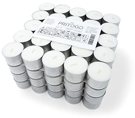 Pritogo - Bougies chauffe-plat (100 pièces) - blanches, non parfumées dans un couvercle en aluminium Ø 3,8 * 2,5 cm, sans suie, durée de combustion : 8 heures