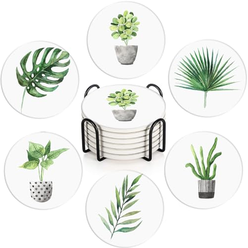 Britimes Lot de 6 Dessous de Verre absorbants en Forme de Feuilles Vertes avec Base en liège, Support en métal, Tapis Rond en Pierre pour Table Basse en Bois, Cadeau pour Anniversaire, Pendaison de