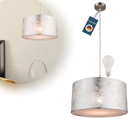 bmf-versand Hängelampe Schlafzimmer Stoff Silber - Hängeleuchte Wohnzimmer LED - Pendelleuchte Esstisch mit Leuchtmittel - Esszimmerlampe Hängend Textil Lampenschirm 40 cm Höhe 140 cm