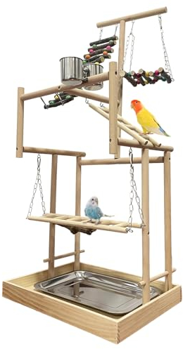 Hamiledyi Großer Vogel-Spielplatz für Papageien, 4 Schichten, Holz-Laufstall für Sittiche, afrikanisches Grau, Kontur, Nymphensittiche, Finken, Wellensittiche oder andere kleine und mittelgroße Vögel