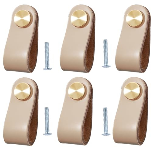 BOOLSFMAM 6 stycken läderhandtag för möbler, 6,4 x 2,5 cm handgjorda handtag möbelknoppar läder möbelhandtag, lådhandtag skåpknoppar för köksskåp, garderob